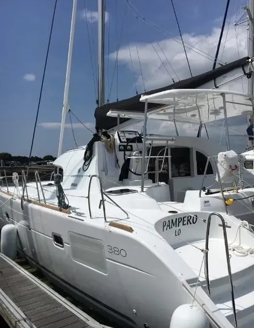 Exterior view of Pampero, a Lagoon 380 catamaran at Roche Caiman, Seychelles