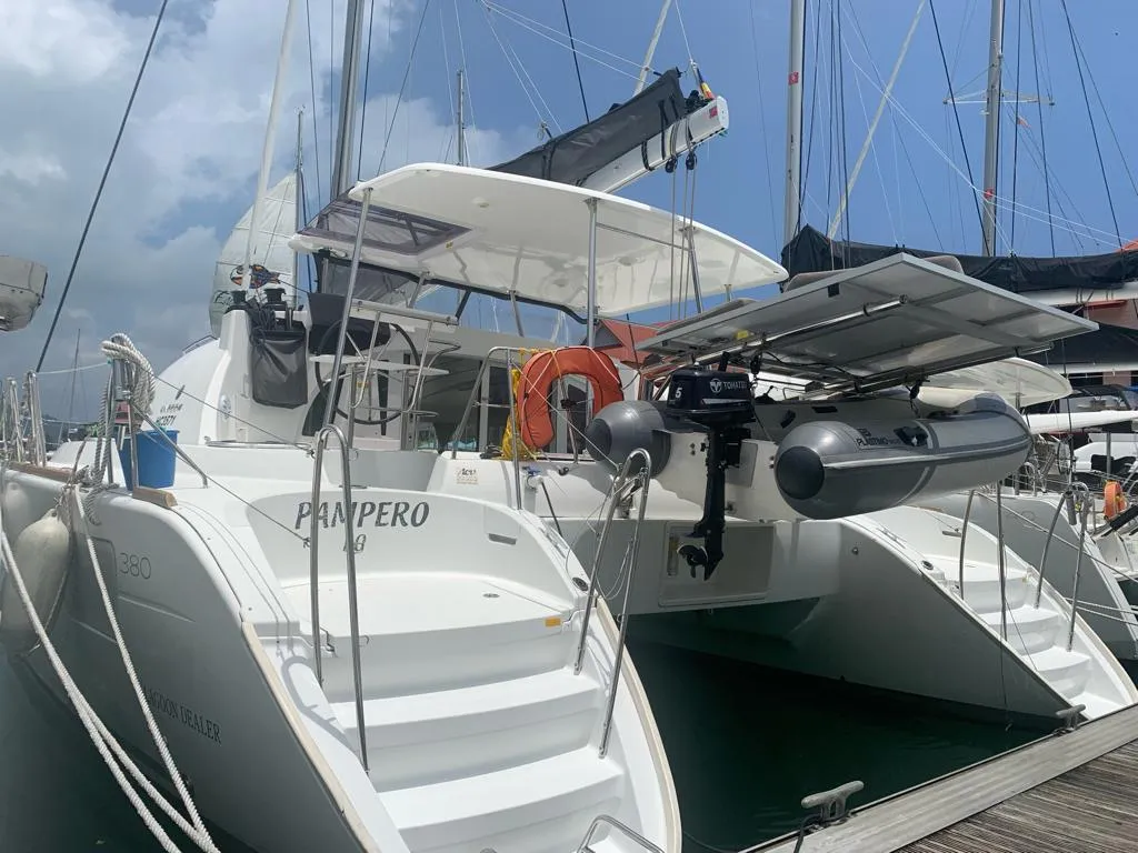 Exterior view of Pampero, a Lagoon 380 catamaran at Roche Caiman, Seychelles