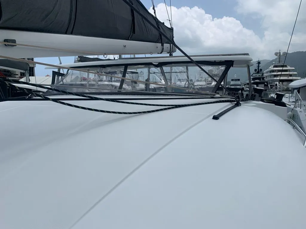Deck of Pampero, a Lagoon 380 catamaran at Roche Caiman, Seychelles