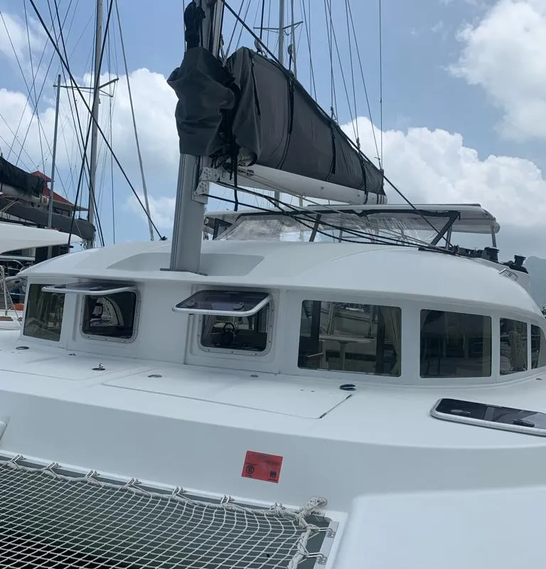Deck of Pampero, a Lagoon 380 catamaran at Roche Caiman, Seychelles
