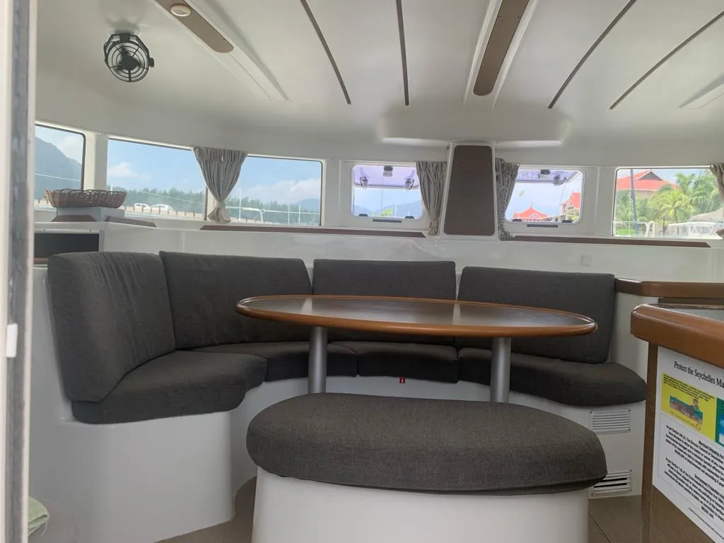 Salon of Pampero, a Lagoon 380 catamaran at Roche Caiman, Seychelles