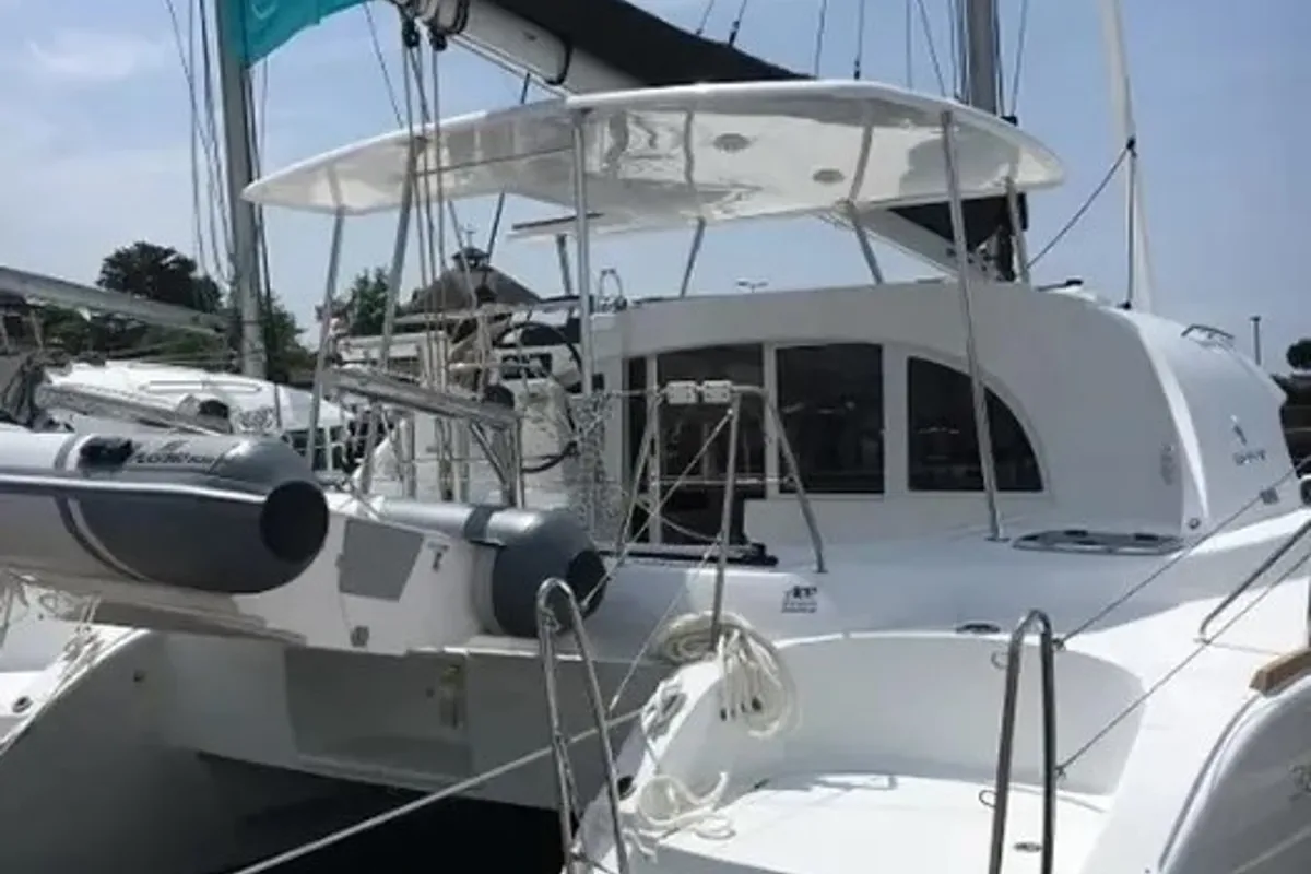 Exterior view of Pampero, a Lagoon 380 catamaran at Roche Caiman, Seychelles