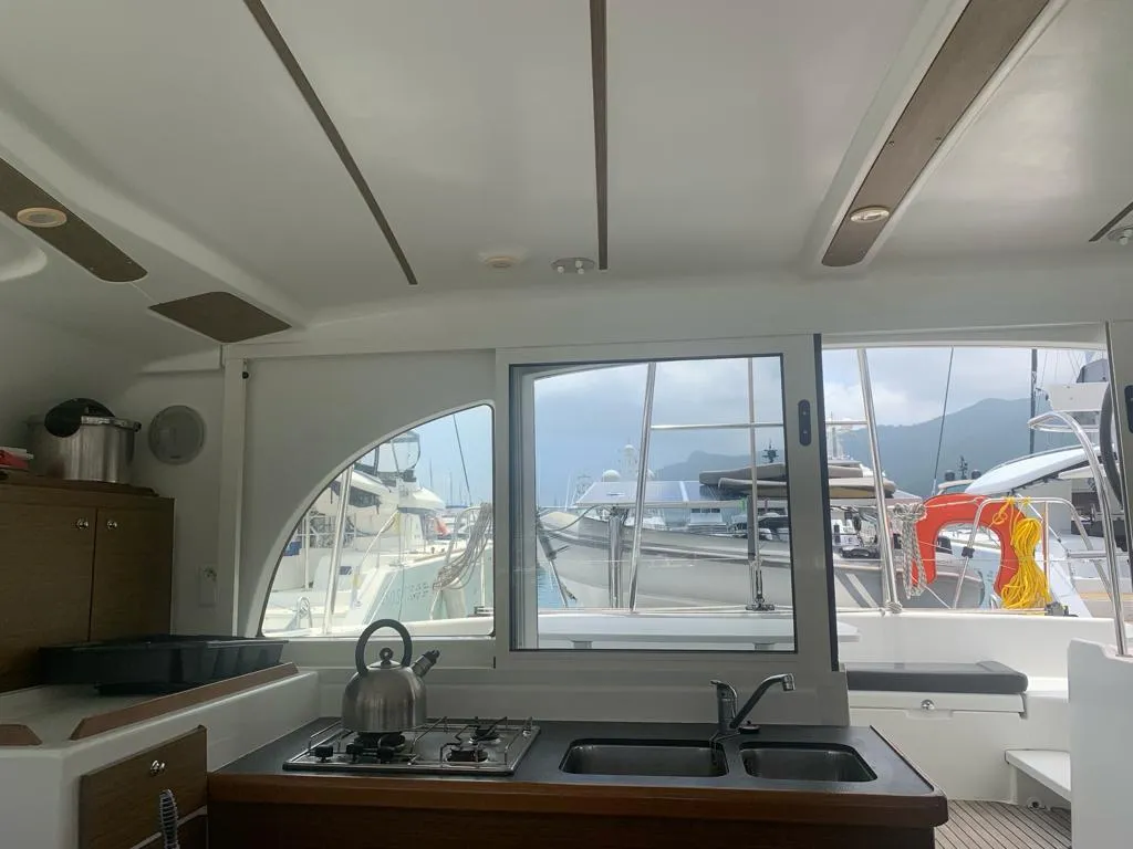 Galley of Pampero, a Lagoon 380 catamaran at Roche Caiman, Seychelles