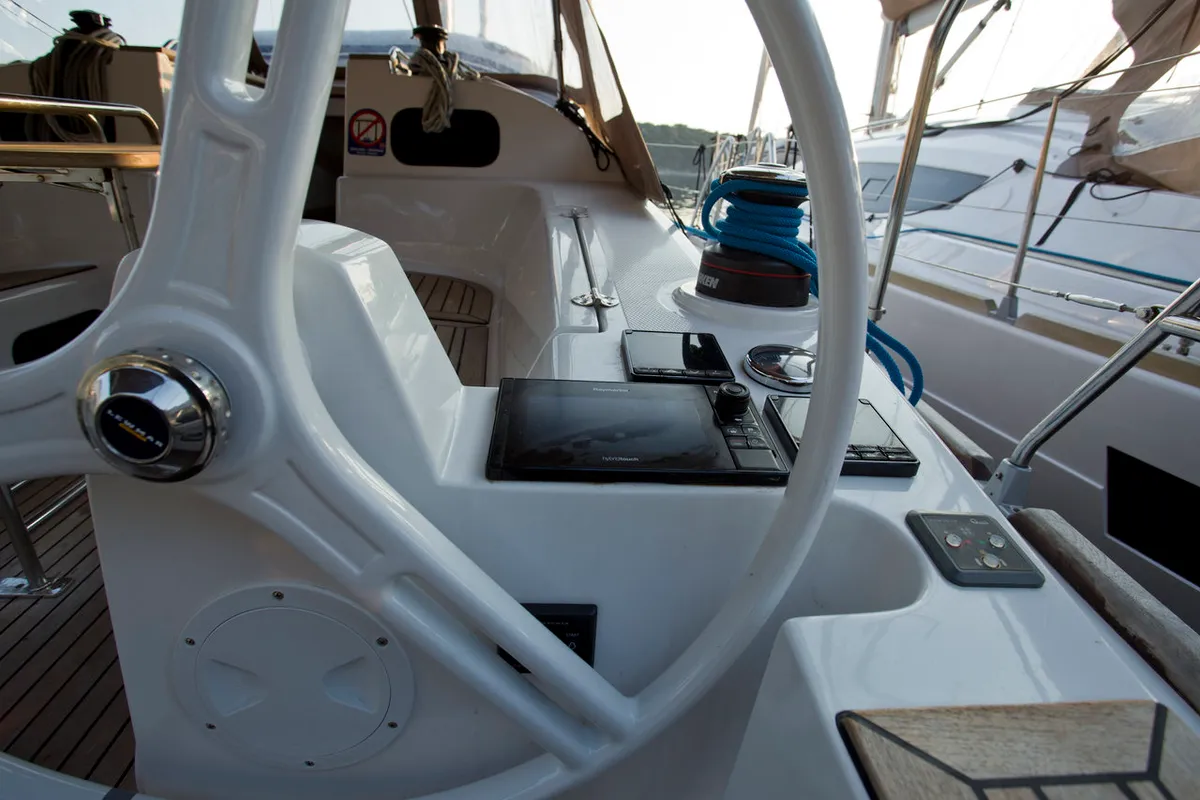 Cockpit of Tariq, a Elan Impression 40 sailboat at Mali Lošinj, Croatia