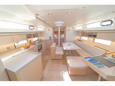 Salon of Beautiful Helen, a Beneteau Oceanis 46.1 sailboat at Kos, Greece