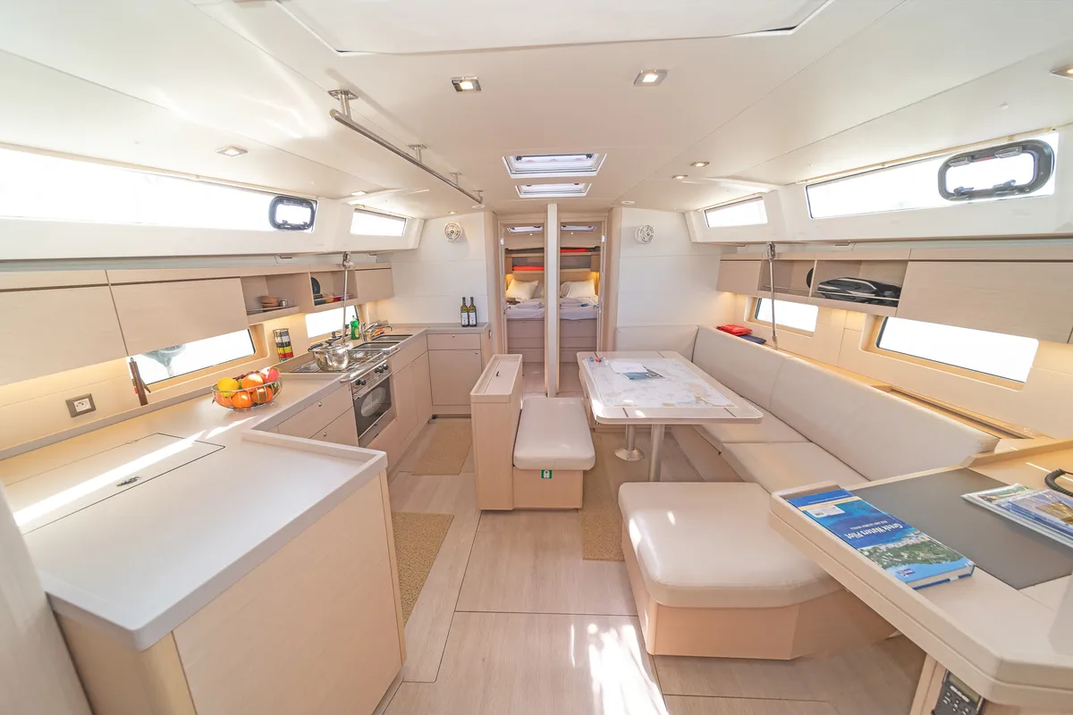 Salon of Beautiful Helen, a Beneteau Oceanis 46.1 sailboat at Kos, Greece