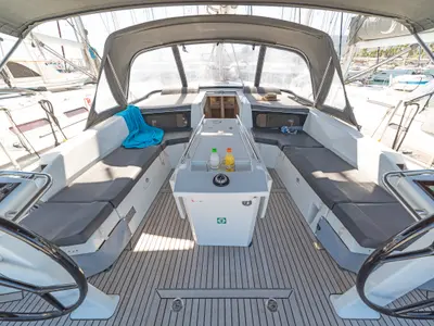 Cockpit of Beautiful Helen, a Beneteau Oceanis 46.1 sailboat at Kos, Greece