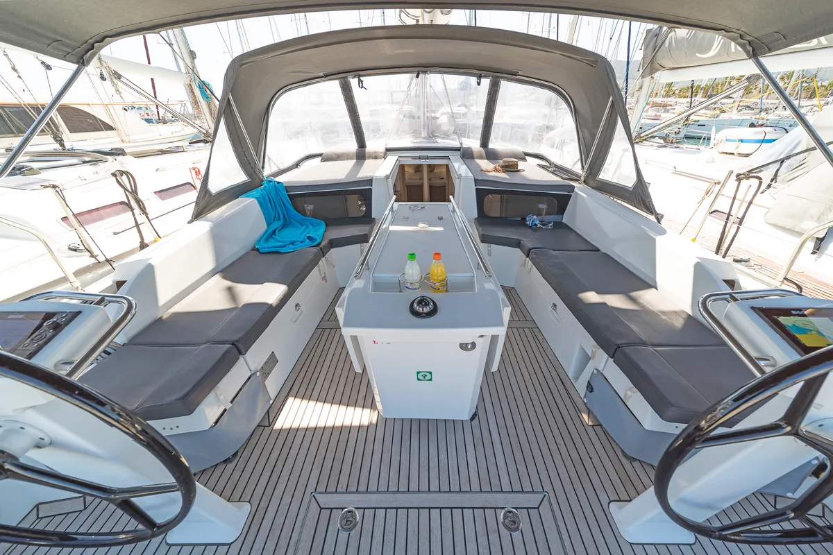 Cockpit of Beautiful Helen, a Beneteau Oceanis 46.1 sailboat at Kos, Greece