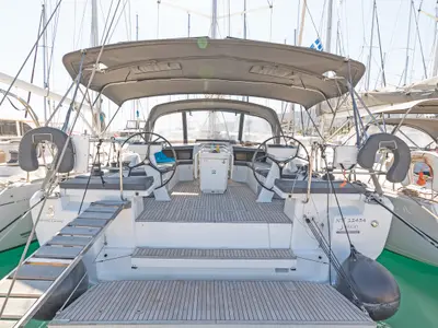 Deck of Beautiful Helen, a Beneteau Oceanis 46.1 sailboat at Kos, Greece