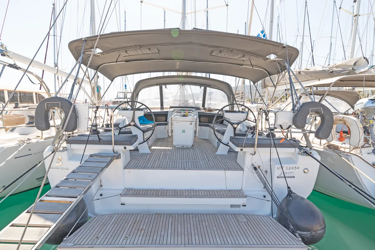 Deck of Beautiful Helen, a Beneteau Oceanis 46.1 sailboat at Kos, Greece