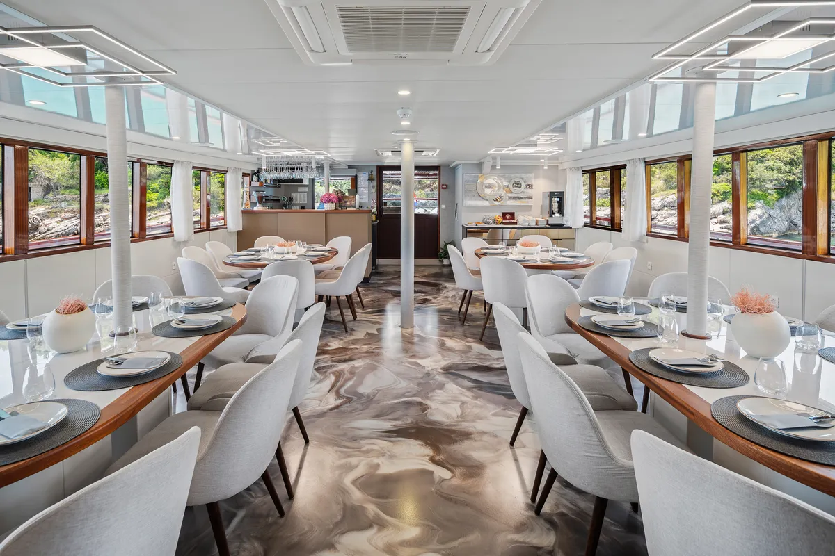 Salon of MS Carpe Diem, a Gulet Motor sailer motorboat at Grad Trogir, Croatia