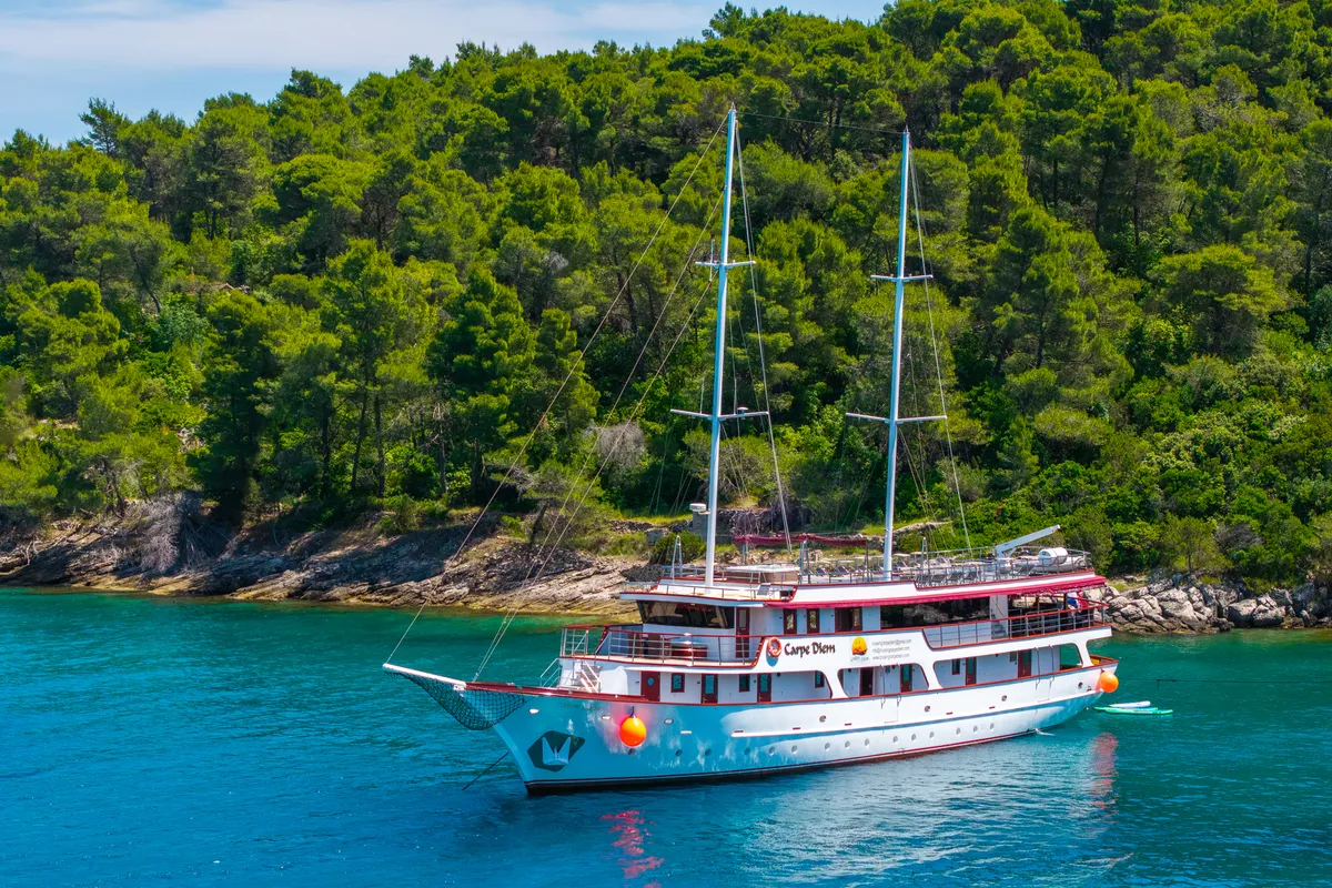 Exterior view of MS Carpe Diem, a Gulet Motor sailer motorboat at Grad Trogir, Croatia