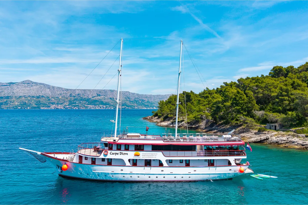 Exterior view of MS Carpe Diem, a Gulet Motor sailer motorboat at Grad Trogir, Croatia