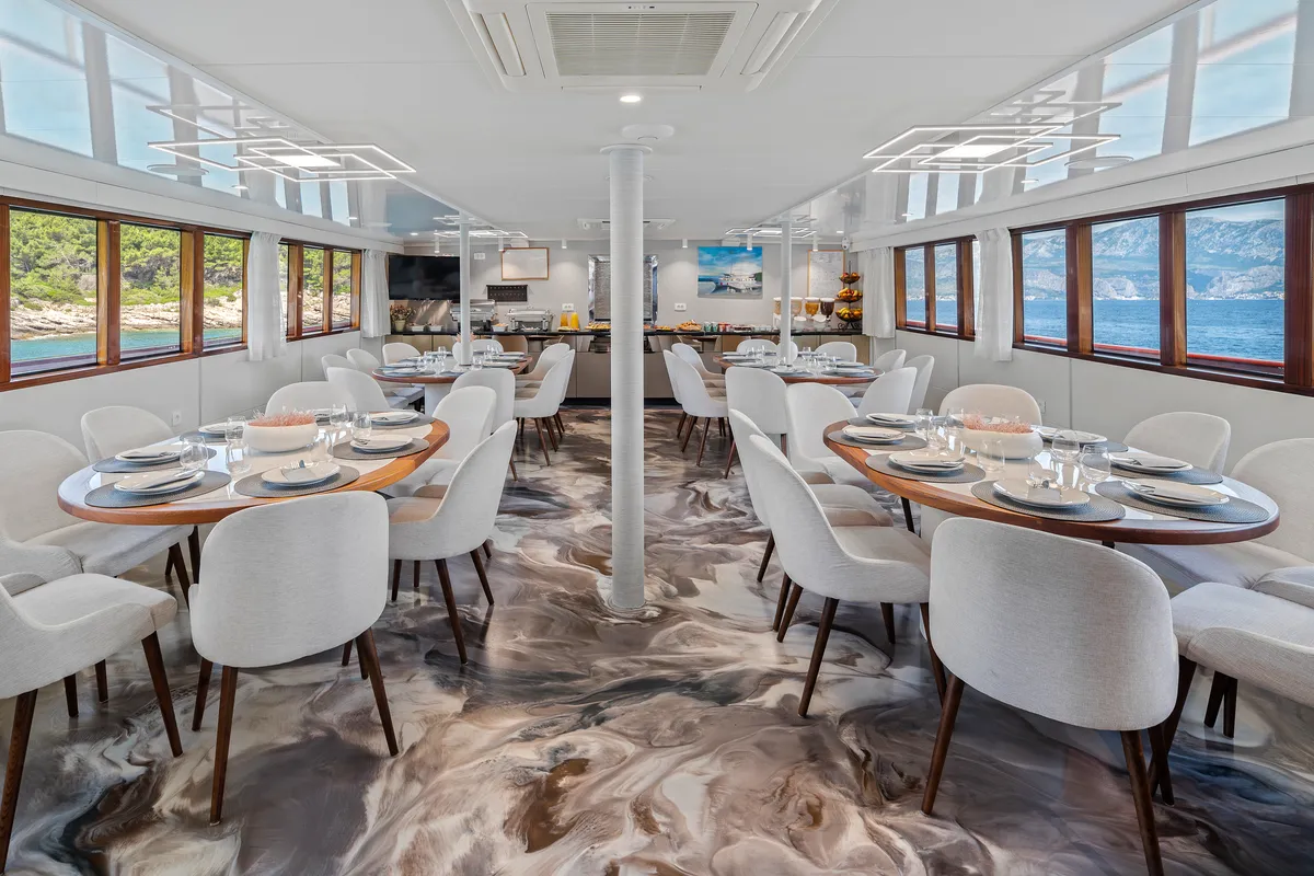 Salon of MS Carpe Diem, a Gulet Motor sailer motorboat at Grad Trogir, Croatia