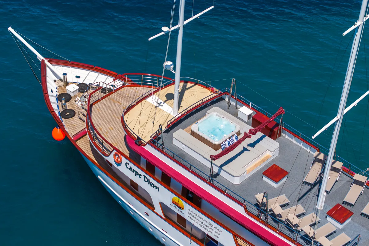 Exterior view of MS Carpe Diem, a Gulet Motor sailer motorboat at Grad Trogir, Croatia