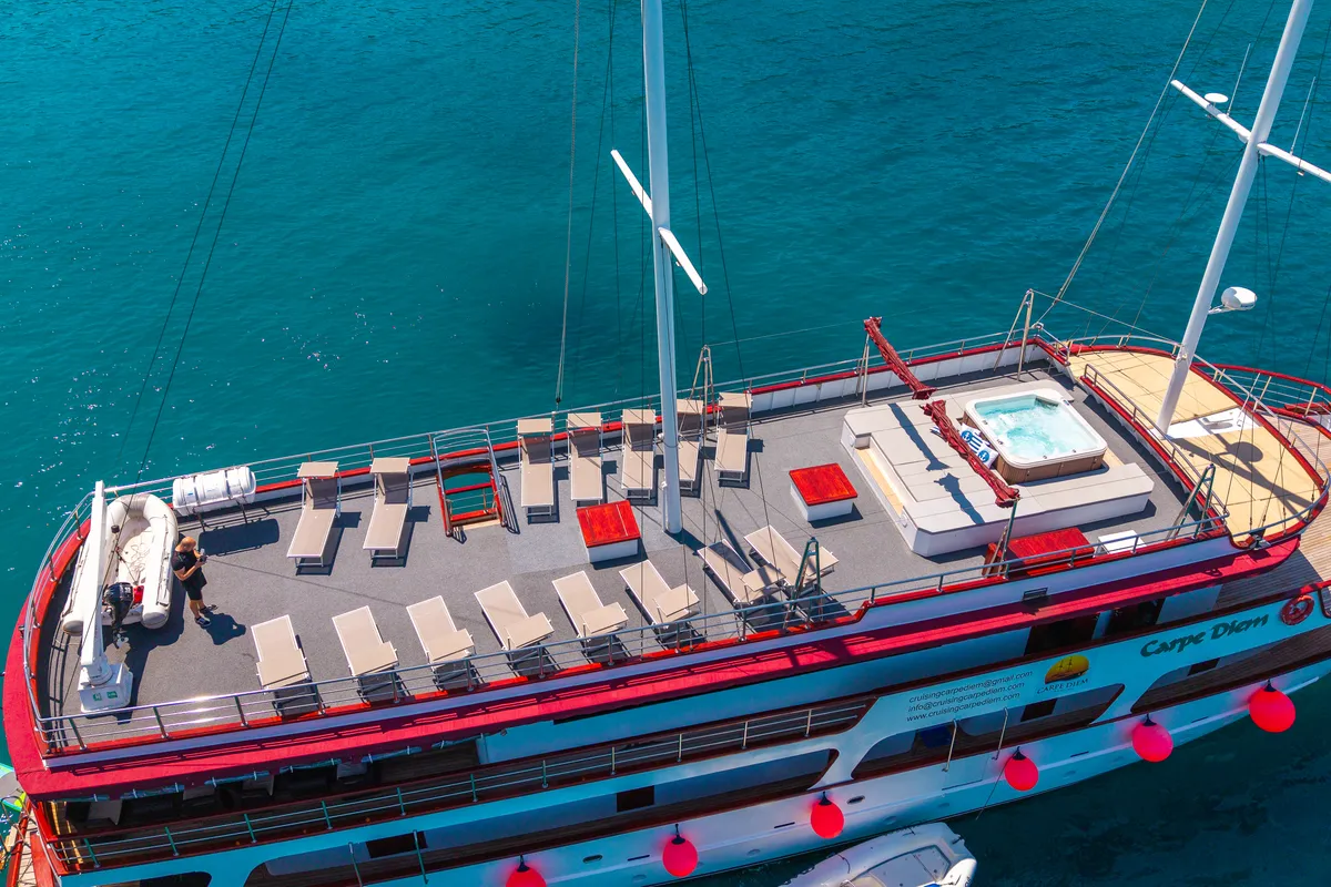 Deck of MS Carpe Diem, a Gulet Motor sailer motorboat at Grad Trogir, Croatia