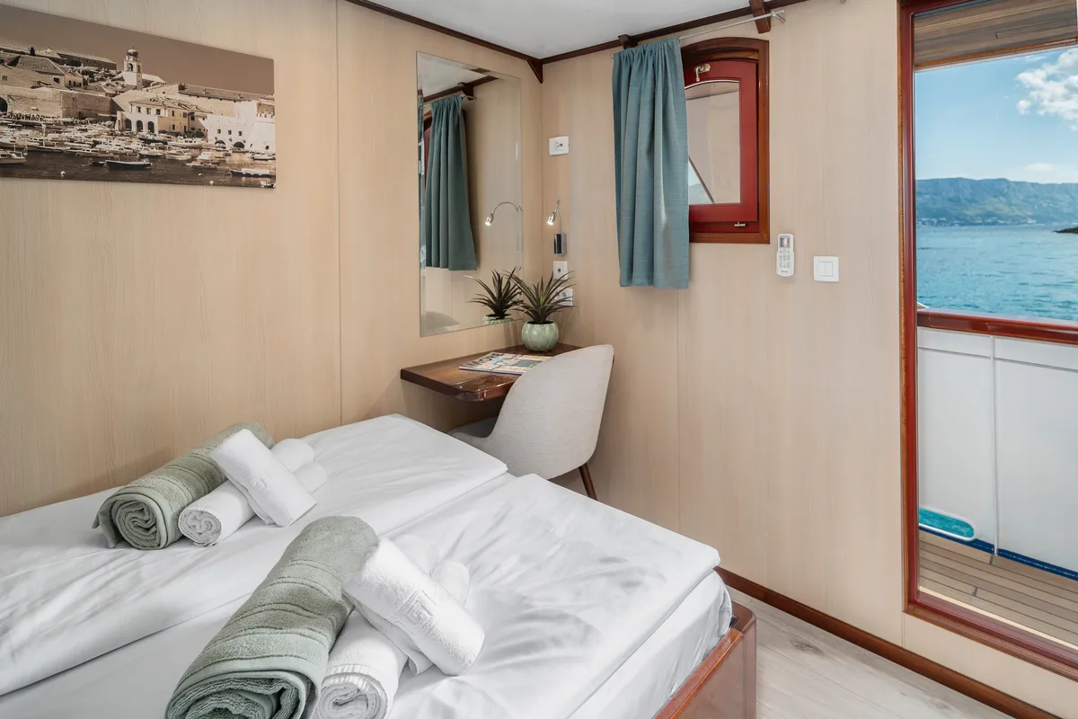 Cabin on MS Carpe Diem, a Gulet Motor sailer motorboat at Grad Trogir, Croatia