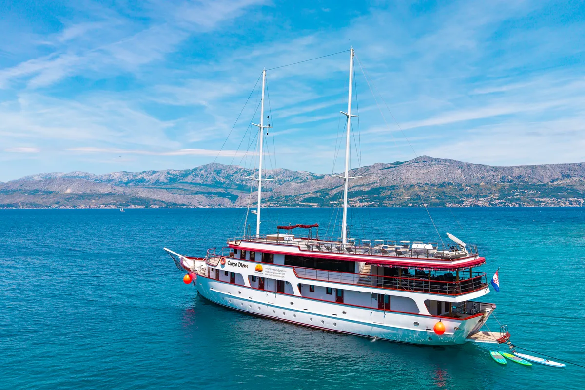 Exterior view of MS Carpe Diem, a Gulet Motor sailer motorboat at Grad Trogir, Croatia