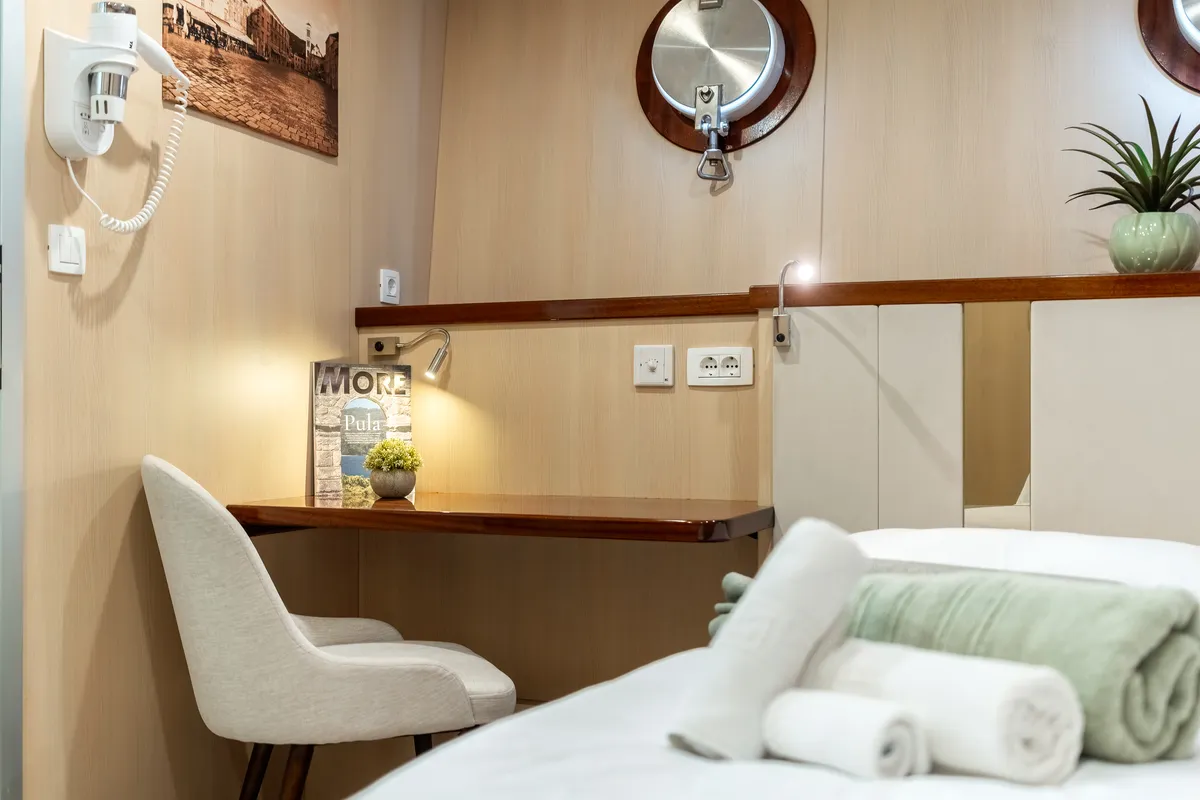 Cabin on MS Carpe Diem, a Gulet Motor sailer motorboat at Grad Trogir, Croatia