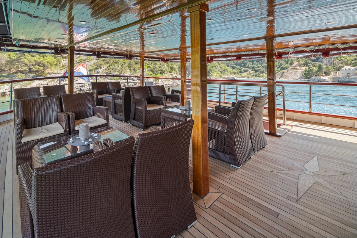 Deck of MS Carpe Diem, a Gulet Motor sailer motorboat at Grad Trogir, Croatia
