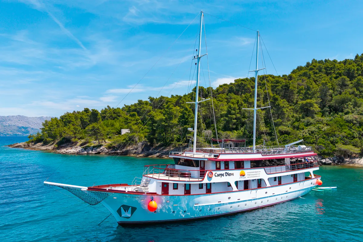 Exterior view of MS Carpe Diem, a Gulet Motor sailer motorboat at Grad Trogir, Croatia