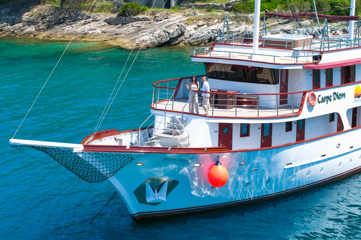 Exterior view of MS Carpe Diem, a Gulet Motor sailer motorboat at Grad Trogir, Croatia
