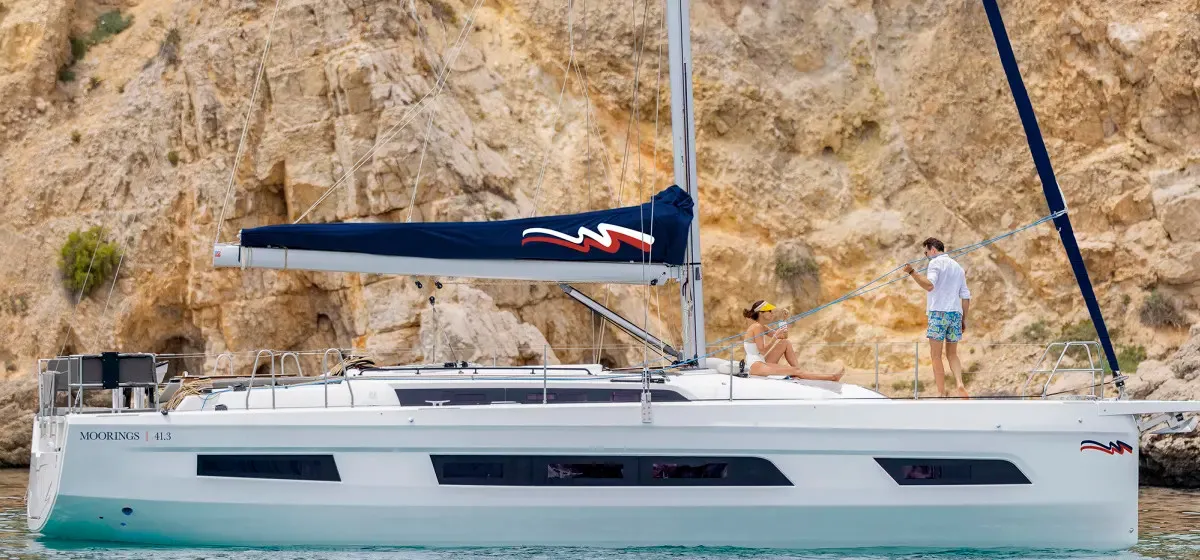 Exterior view of Moorings 41.3 Exclusive Plus, a Dufour 41 sailboat at Grand Anse, Grenada