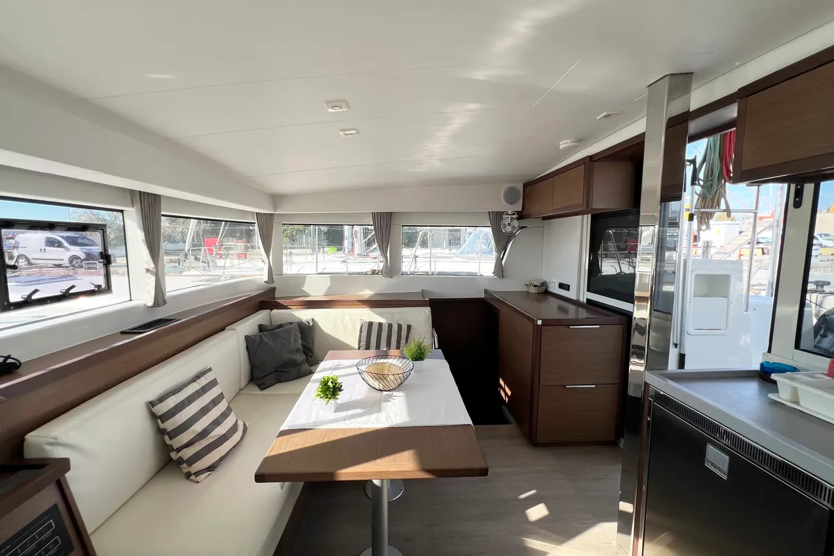 Salon of Bella Mare, a Lagoon 40 catamaran at Athens, Greece