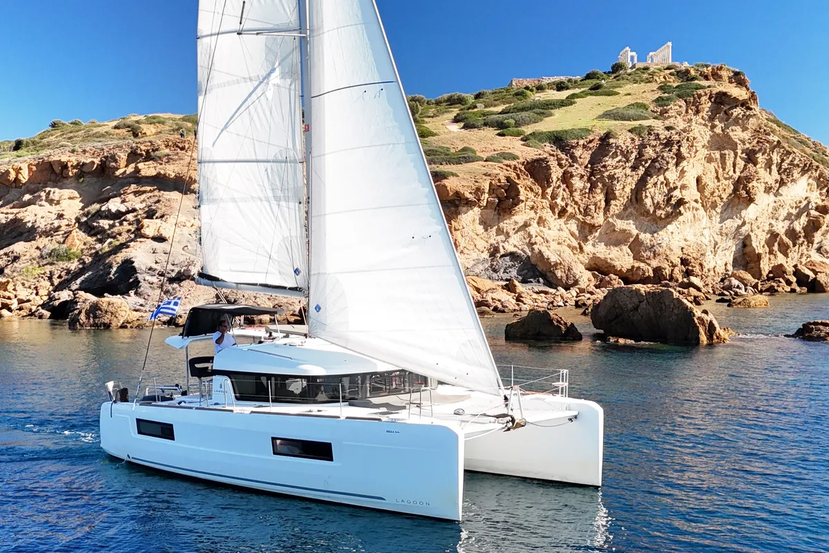 Exterior view of Bella Mare, a Lagoon 40 catamaran at Athens, Greece