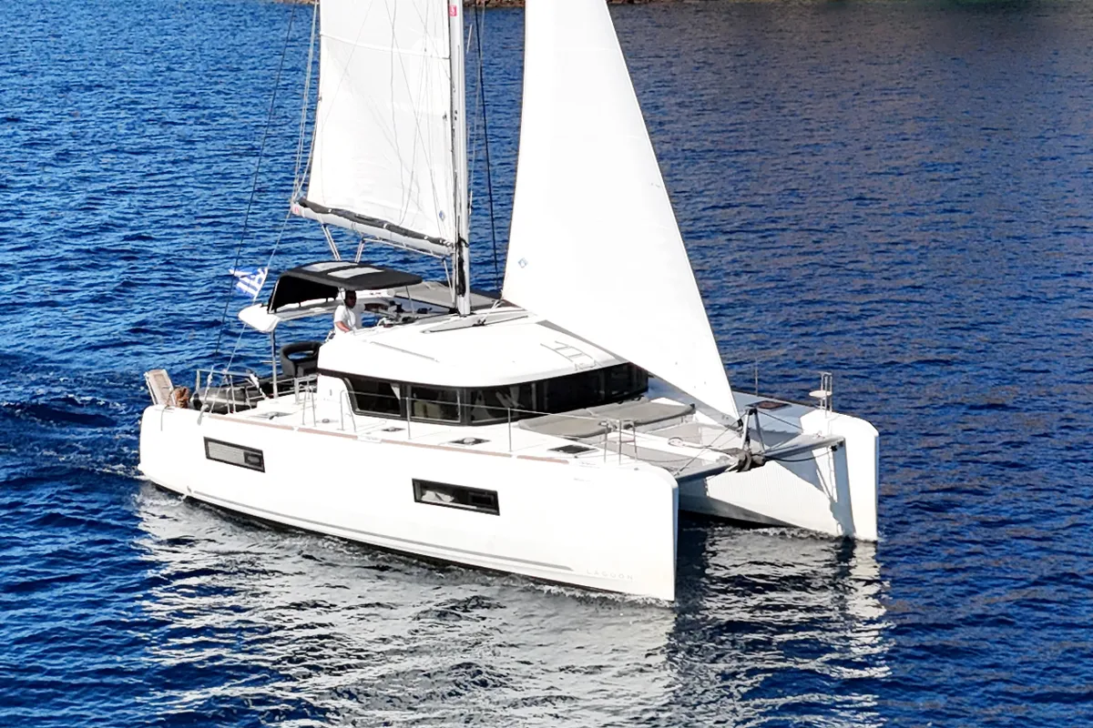 Exterior view of Bella Mare, a Lagoon 40 catamaran at Athens, Greece