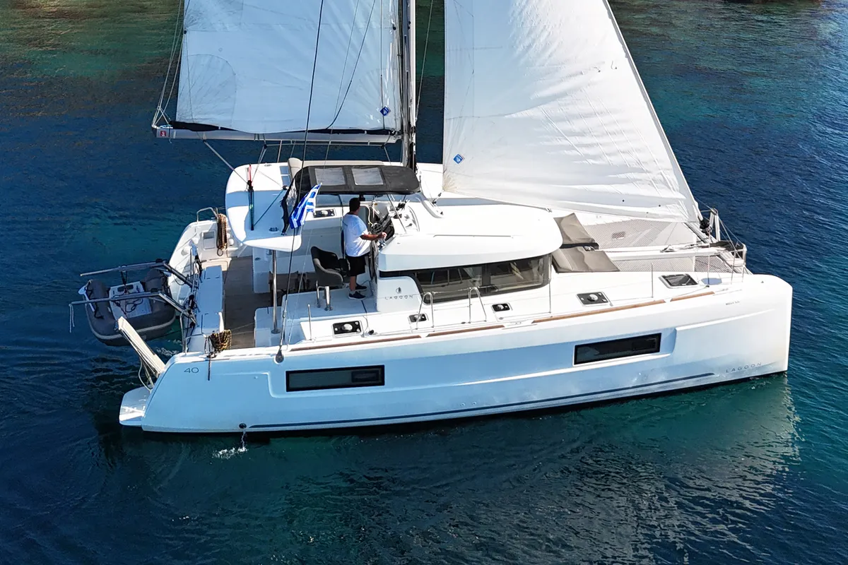 Exterior view of Bella Mare, a Lagoon 40 catamaran at Athens, Greece