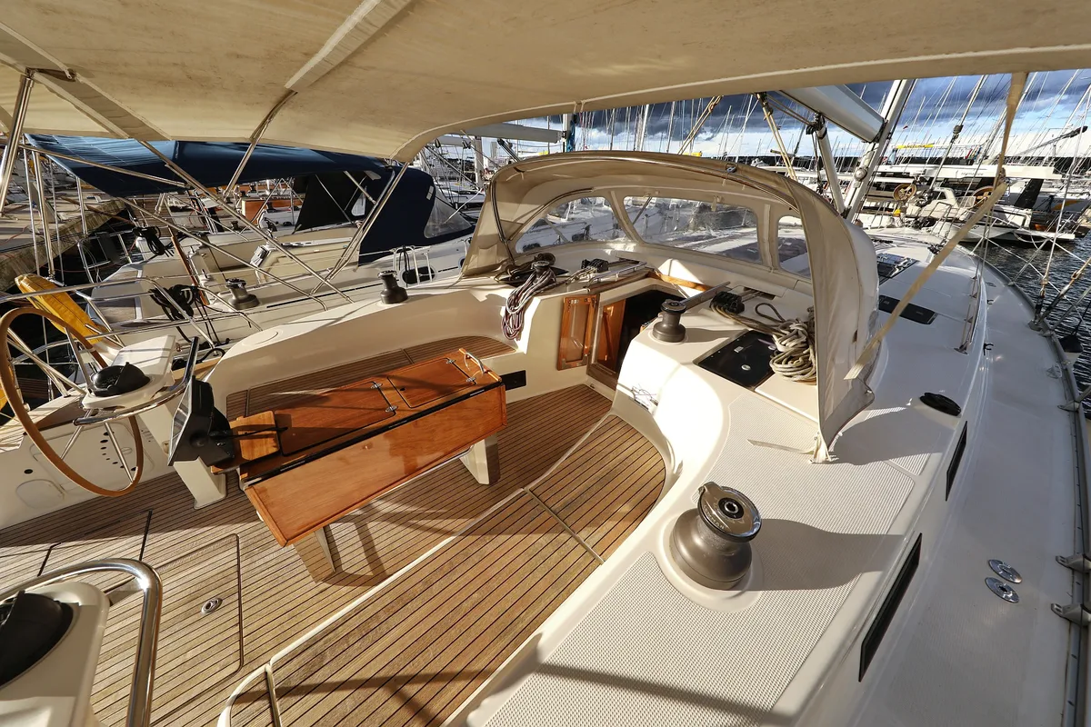 Deck of Siegal, a Bavaria Cruiser 50 sailboat at Biograd na Moru, Croatia
