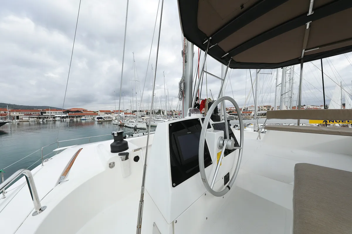 Cockpit of Triton, a Bali 4.6 catamaran at Trogir, Croatia