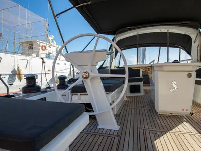 Cockpit of Olimpia, a Beneteau Oceanis 51.1 sailboat at Capo d'Orlando, Italy