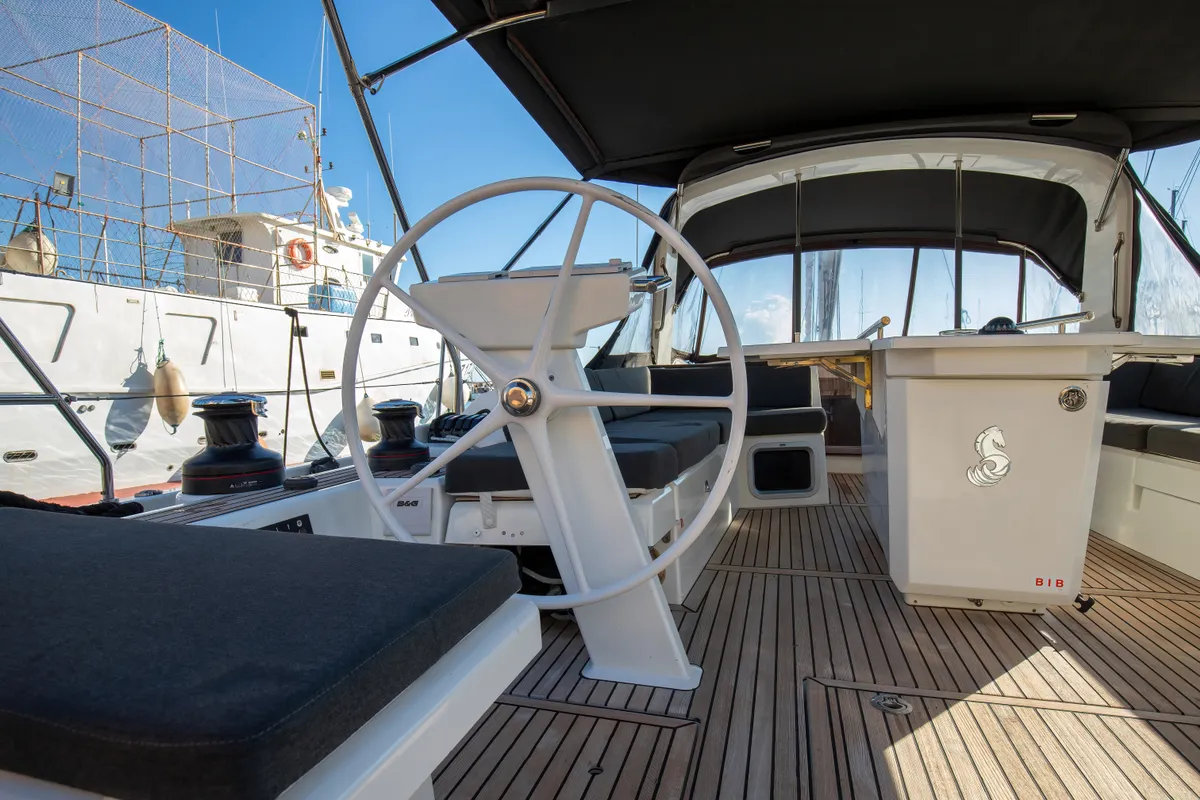 Cockpit of Olimpia, a Beneteau Oceanis 51.1 sailboat at Capo d'Orlando, Italy