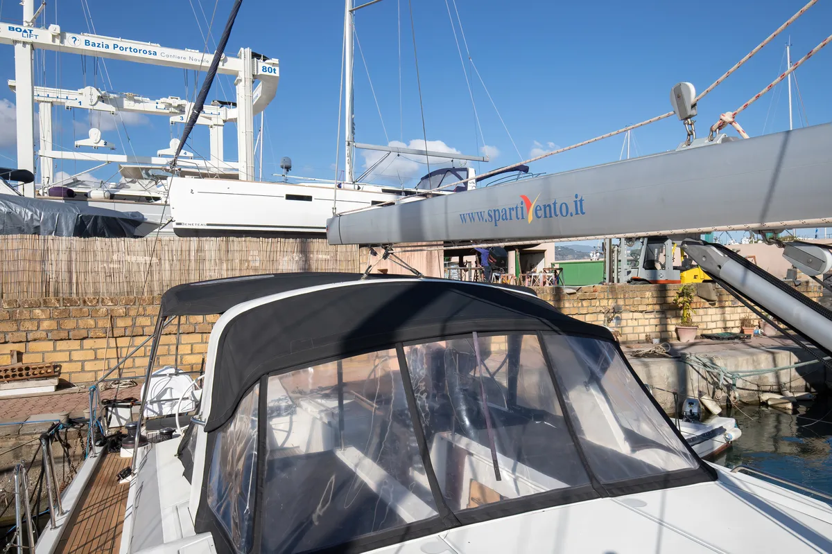 Exterior view of Olimpia, a Beneteau Oceanis 51.1 sailboat at Capo d'Orlando, Italy