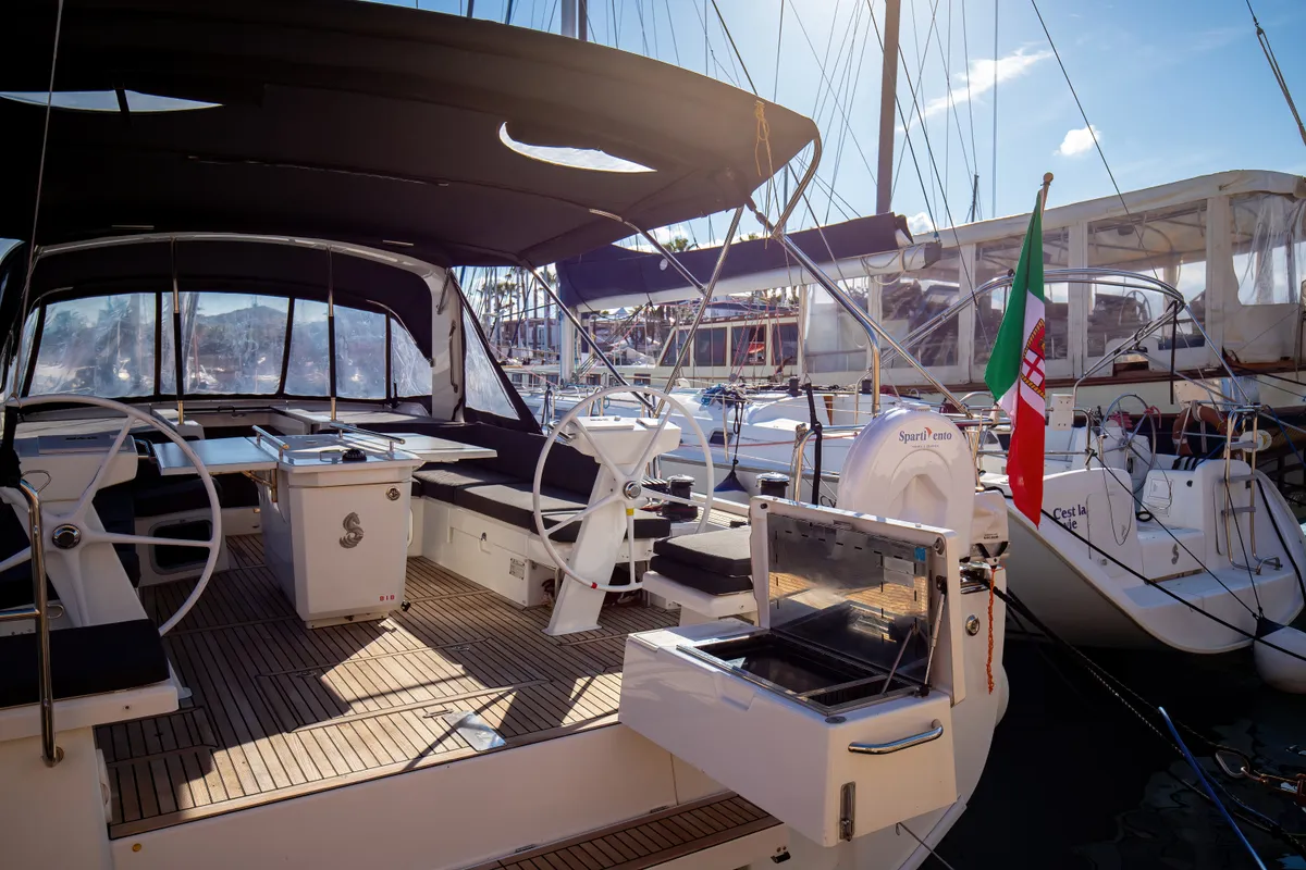 Exterior view of Olimpia, a Beneteau Oceanis 51.1 sailboat at Capo d'Orlando, Italy