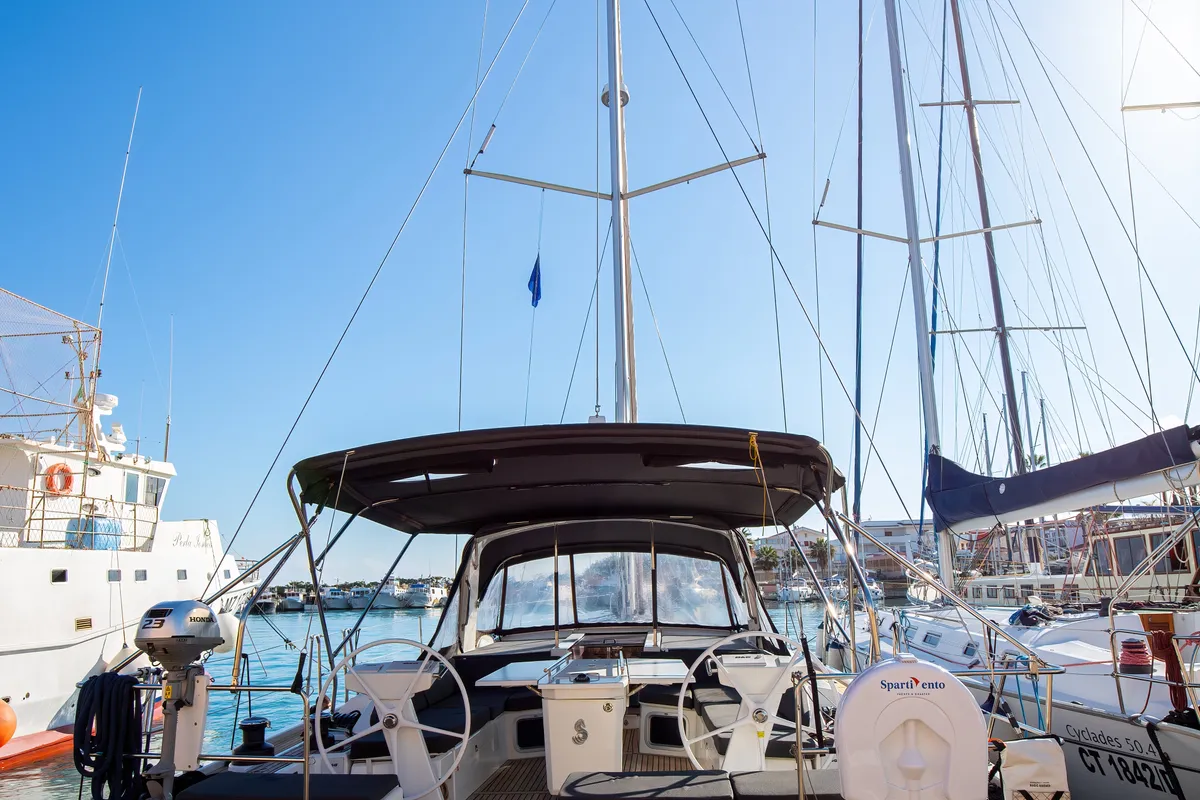 Exterior view of Olimpia, a Beneteau Oceanis 51.1 sailboat at Capo d'Orlando, Italy