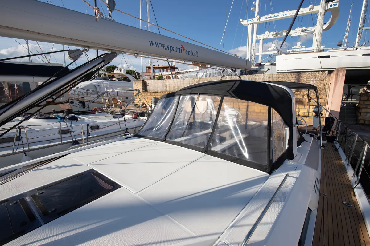 Deck of Olimpia, a Beneteau Oceanis 51.1 sailboat at Capo d'Orlando, Italy