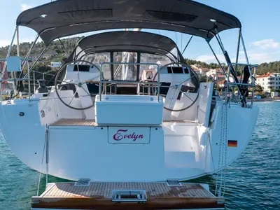 Cockpit of Evelyn, a Hanse 508 sailboat at Seget Donji, Croatia
