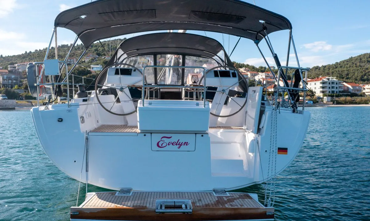 Cockpit of Evelyn, a Hanse 508 sailboat at Seget Donji, Croatia