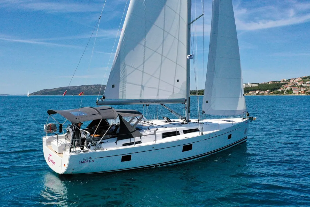 Exterior view of Evelyn, a Hanse 508 sailboat at Seget Donji, Croatia