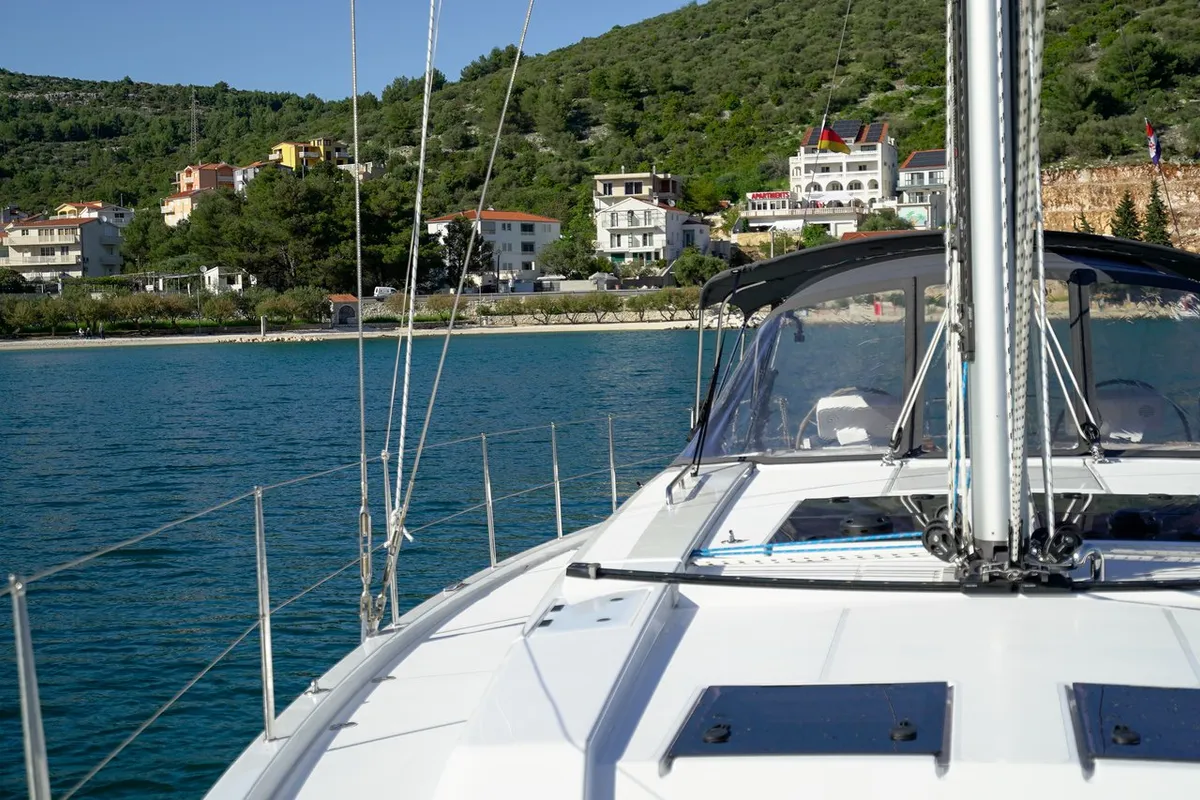 Deck of Evelyn, a Hanse 508 sailboat at Seget Donji, Croatia