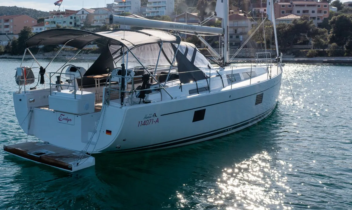 Exterior view of Evelyn, a Hanse 508 sailboat at Seget Donji, Croatia
