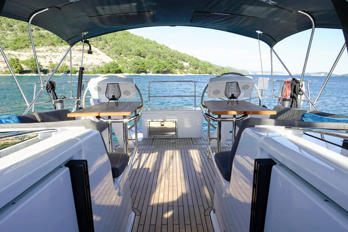 Cockpit of Evelyn, a Hanse 508 sailboat at Seget Donji, Croatia