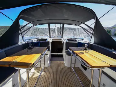 Deck of Evelyn, a Hanse 508 sailboat at Seget Donji, Croatia