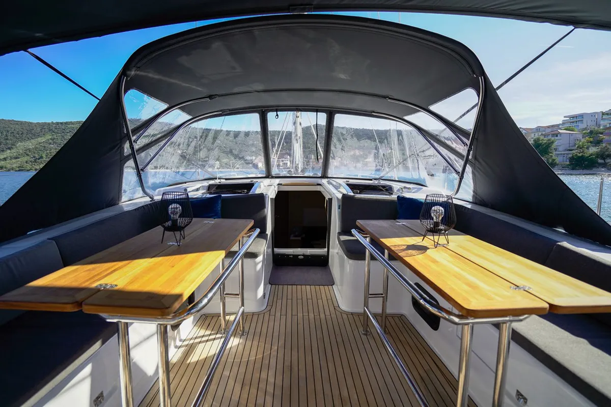 Deck of Evelyn, a Hanse 508 sailboat at Seget Donji, Croatia