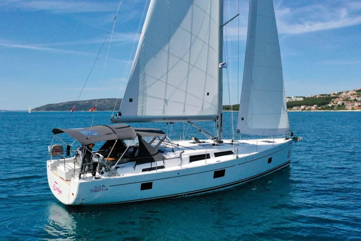 Exterior view of Evelyn, a Hanse 508 sailboat at Seget Donji, Croatia