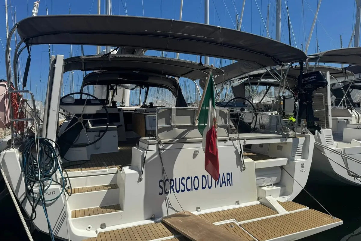 Exterior view of Scruscio du Mari, a Dufour 470 sailboat at Procida, Italy