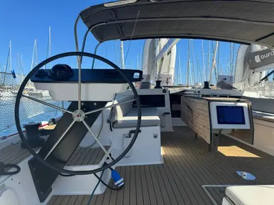 Cockpit of Scruscio du Mari, a Dufour 470 sailboat at Procida, Italy